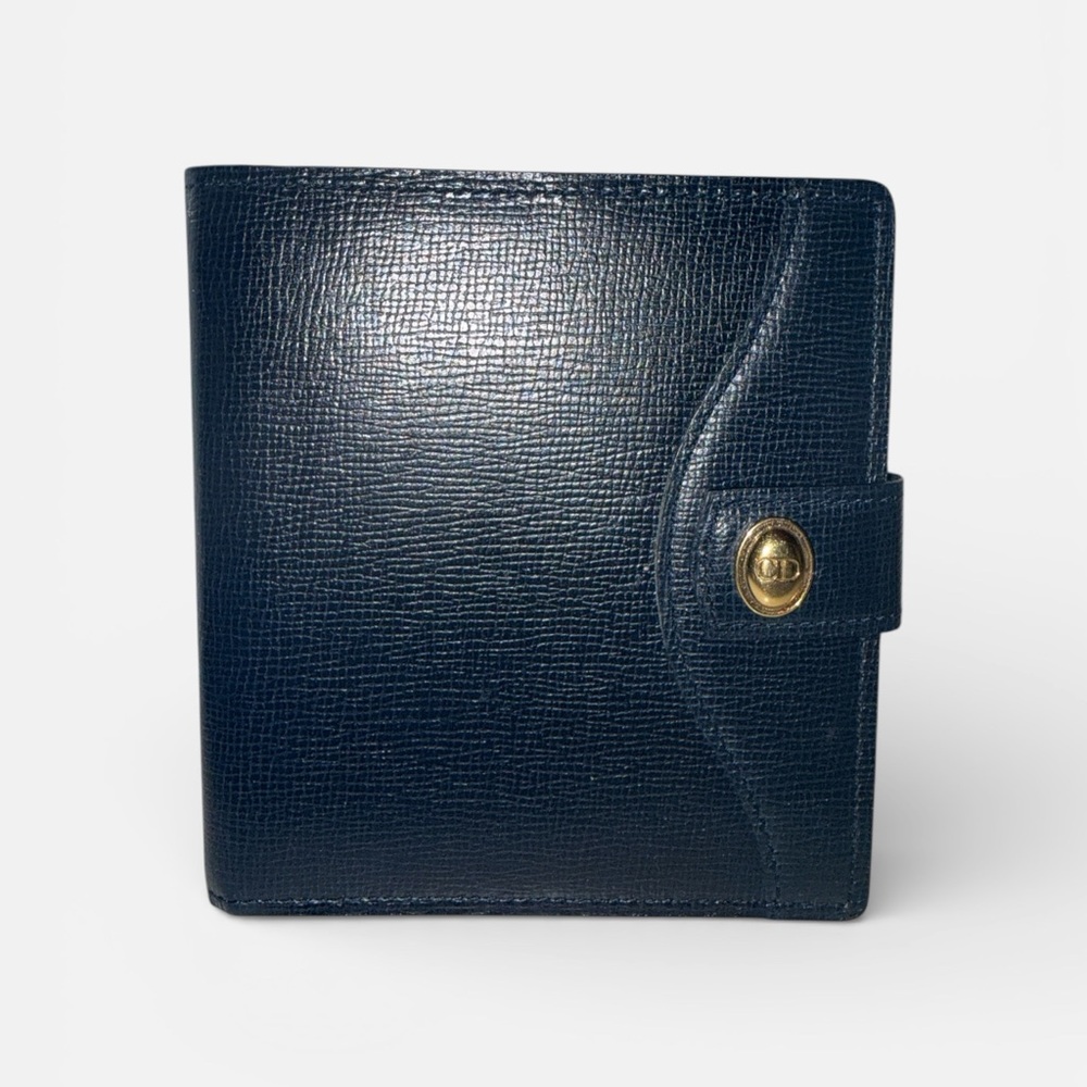 Dior Navy Blue Leather Bi-Fold Wallet with Gold Button